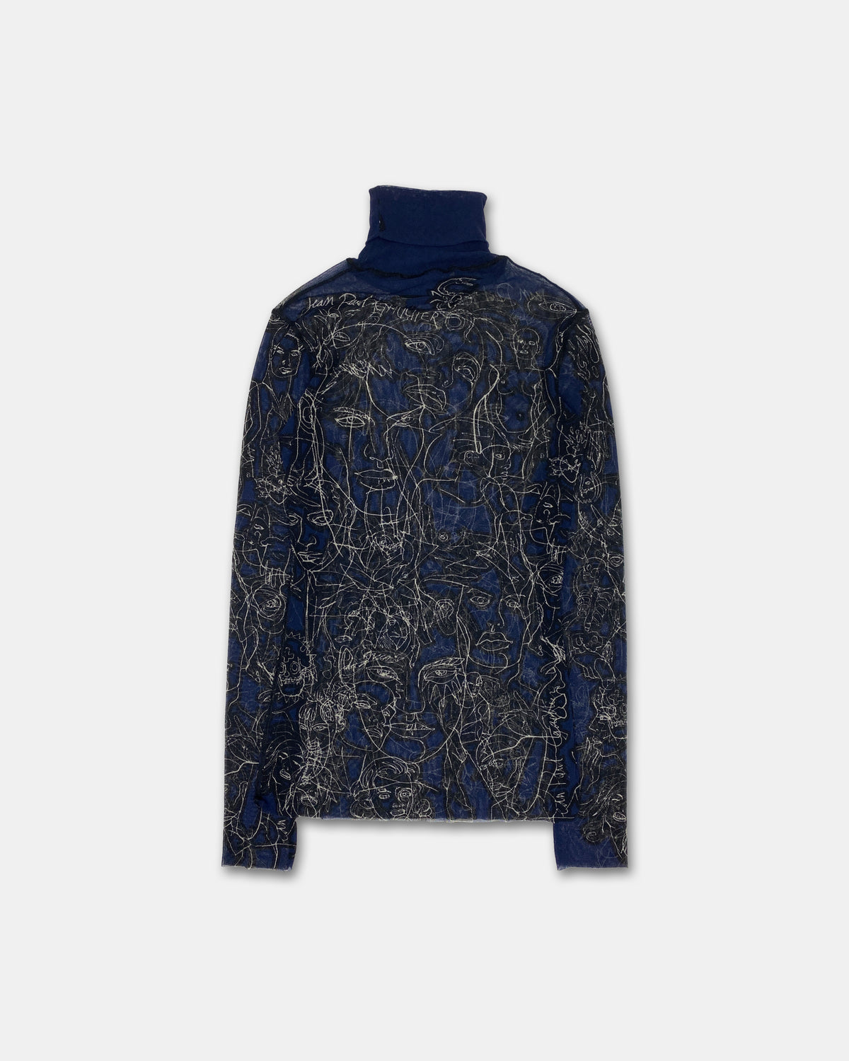 Jean Paul Gaultier Maille 1990s Scribble Faces Turtle Neck Mesh Longsleeve Top Black Navy