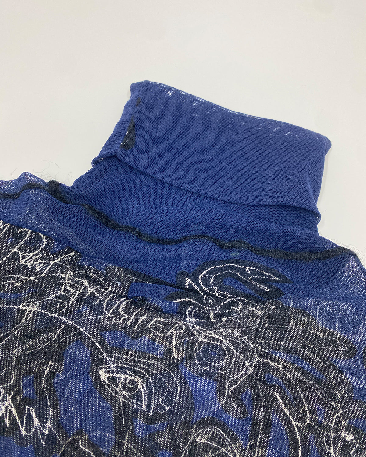 Jean Paul Gaultier Maille 1990s Scribble Faces Turtle Neck Mesh Longsleeve Top Black Navy