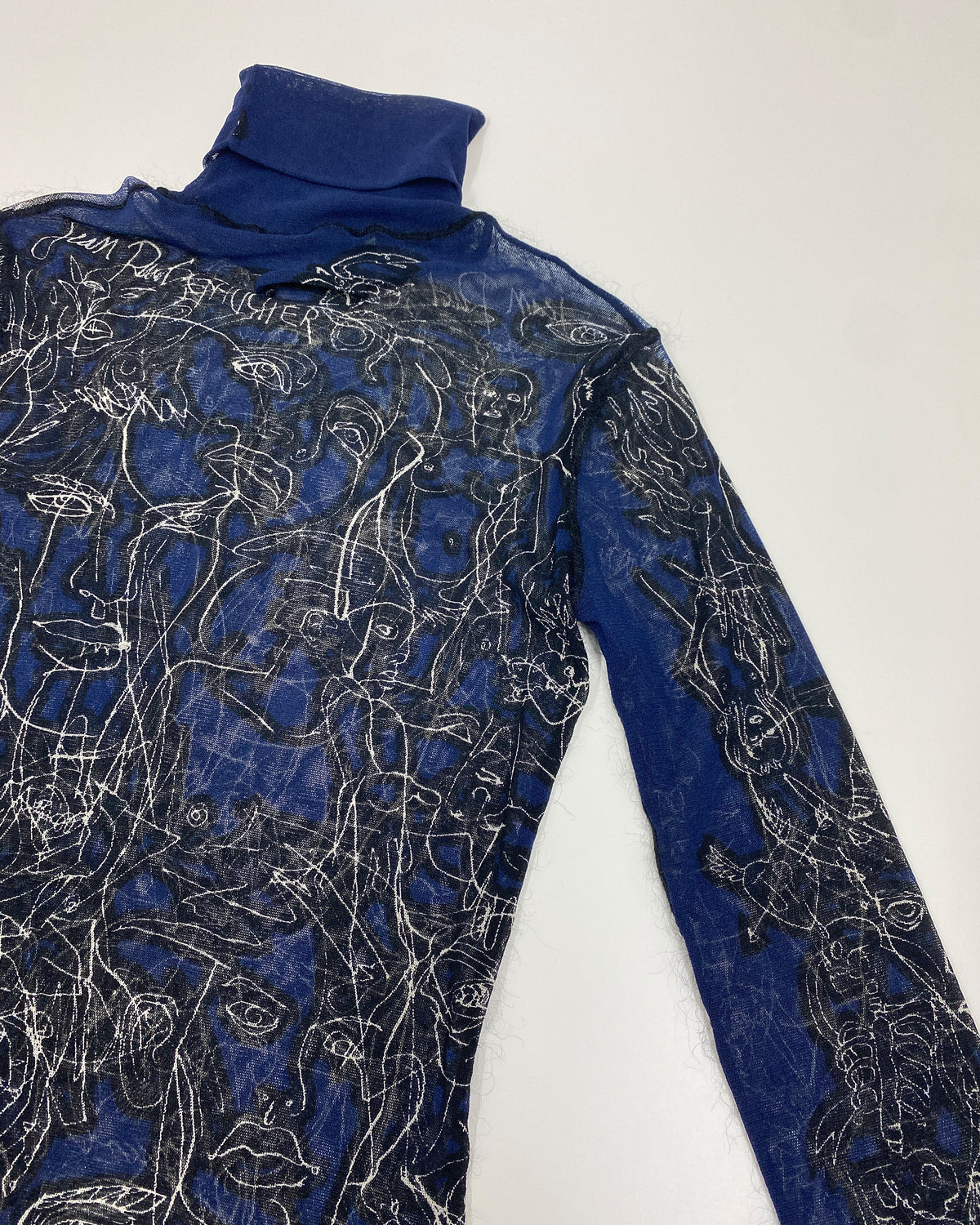 Jean Paul Gaultier Maille 1990s Scribble Faces Turtle Neck Mesh Longsleeve Top Black Navy