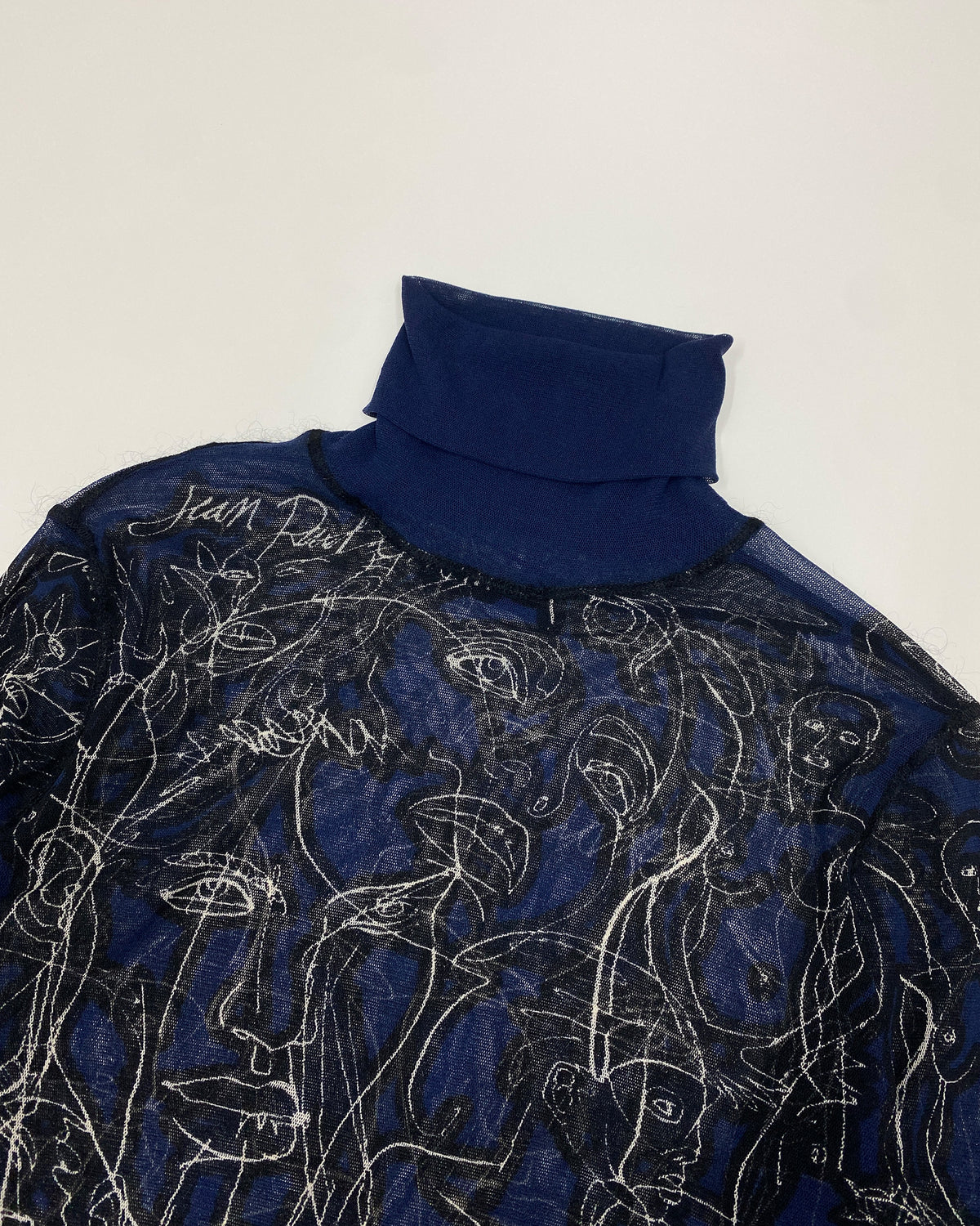 Jean Paul Gaultier Maille 1990s Scribble Faces Turtle Neck Mesh Longsleeve Top Black Navy
