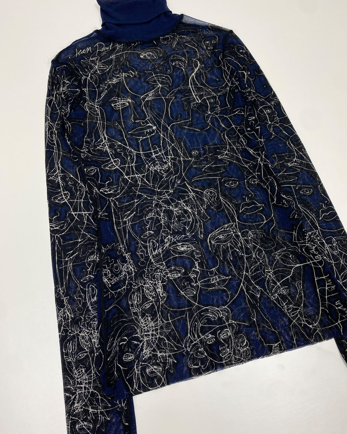 Jean Paul Gaultier Maille 1990s Scribble Faces Turtle Neck Mesh Longsleeve Top Black Navy