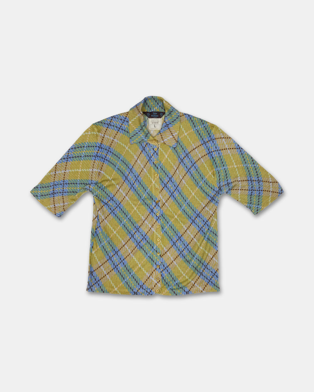 John Galliano FW2000 Checkered Cashmere Short Sleeve Knit Blouse Top Yellow Blue