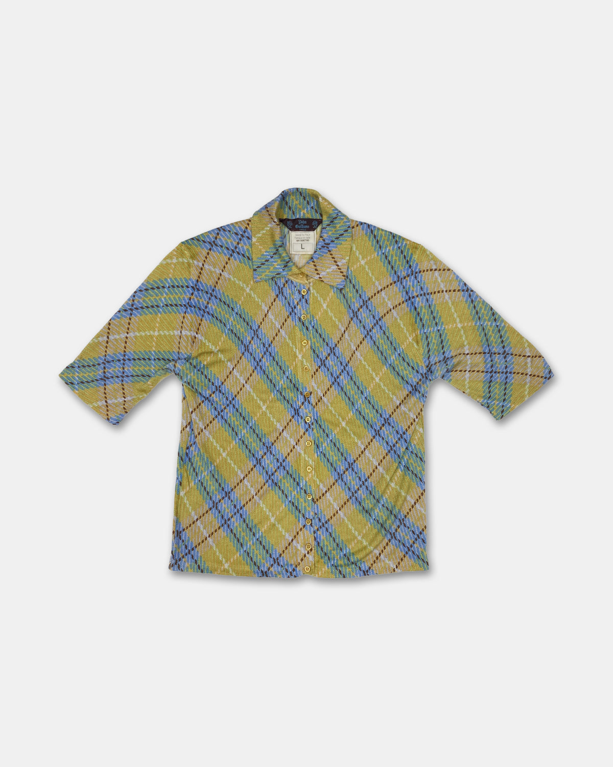 John Galliano FW2000 Checkered Cashmere Short Sleeve Knit Blouse Top Yellow Blue