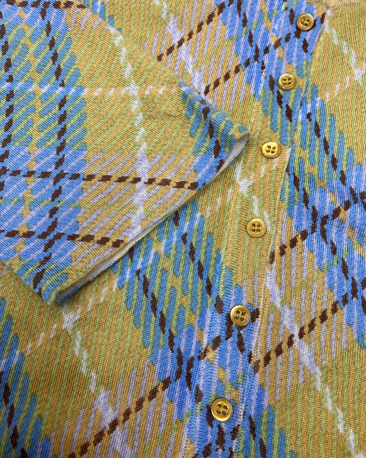 John Galliano FW2000 Checkered Cashmere Short Sleeve Knit Blouse Top Yellow Blue