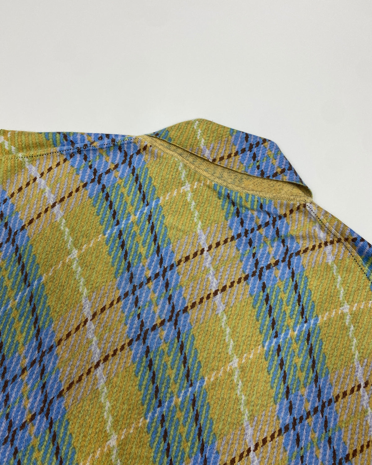 John Galliano FW2000 Checkered Cashmere Short Sleeve Knit Blouse Top Yellow Blue
