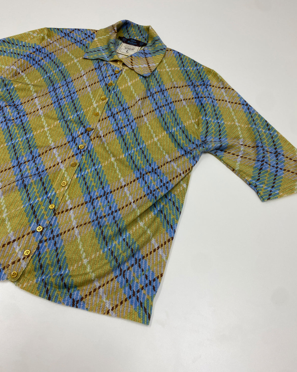 John Galliano FW2000 Checkered Cashmere Short Sleeve Knit Blouse Top Yellow Blue