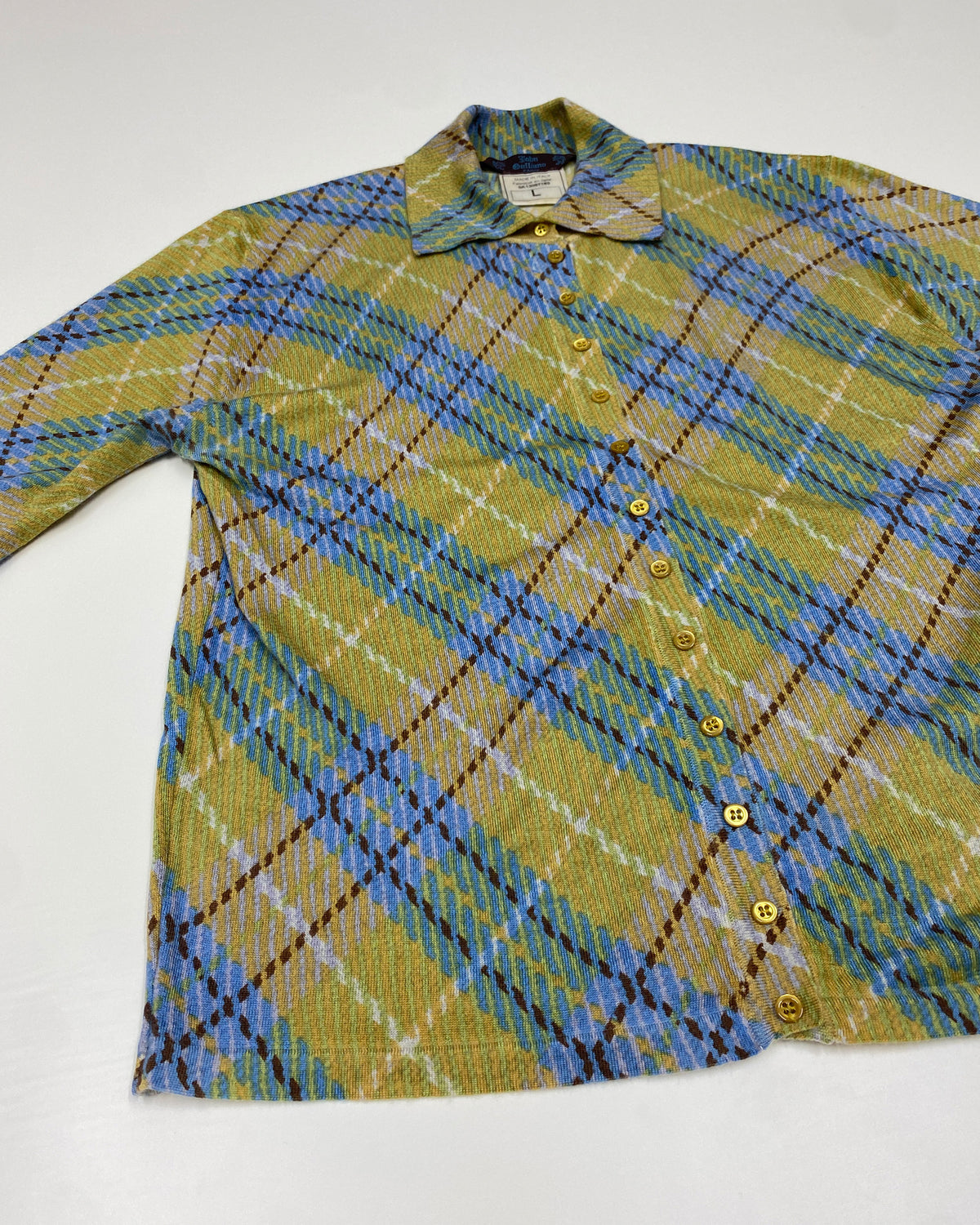 John Galliano FW2000 Checkered Cashmere Short Sleeve Knit Blouse Top Yellow Blue
