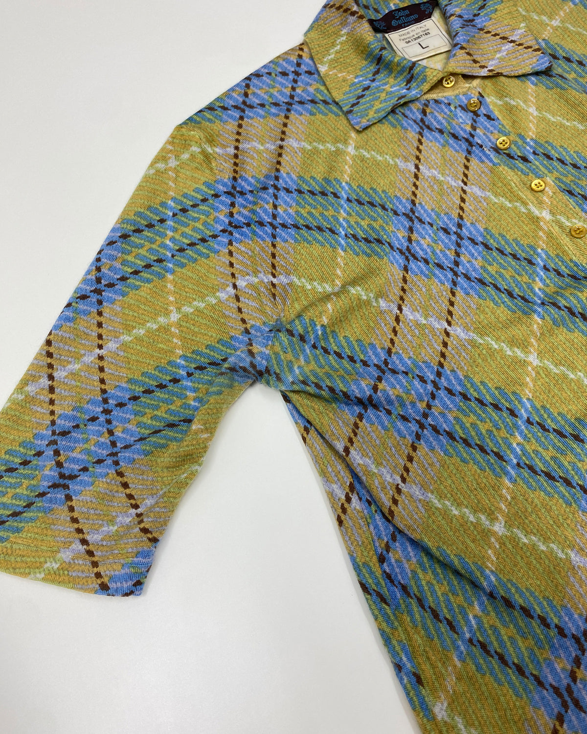 John Galliano FW2000 Checkered Cashmere Short Sleeve Knit Blouse Top Yellow Blue