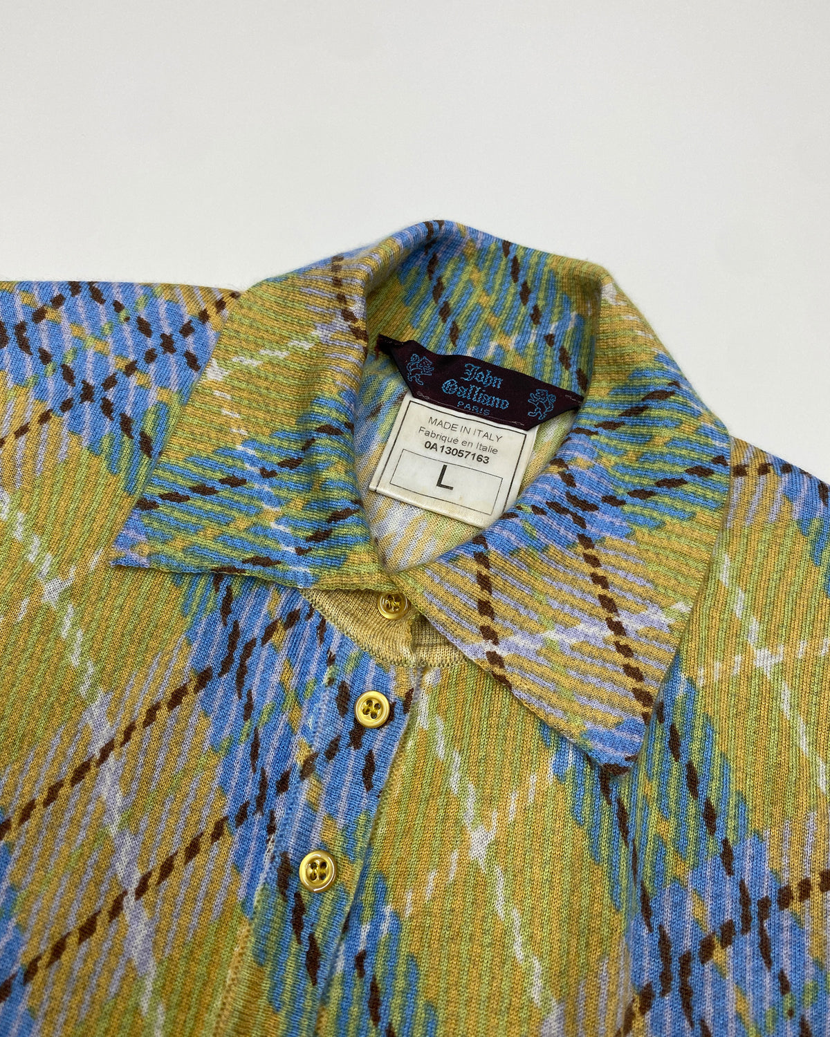 John Galliano FW2000 Checkered Cashmere Short Sleeve Knit Blouse Top Yellow Blue