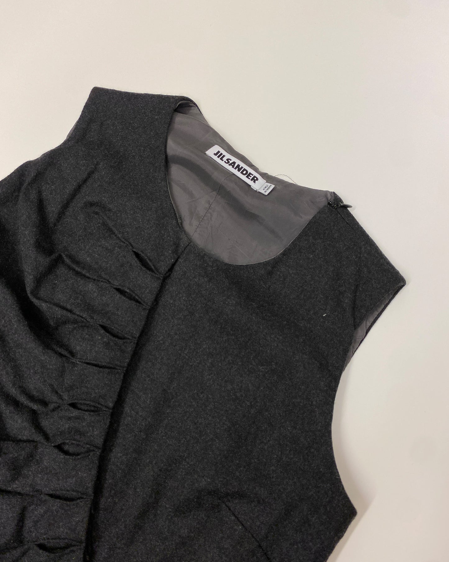 Jil Sander 2000s Gathered Wool Cashmere Tank Dress Dark Grey