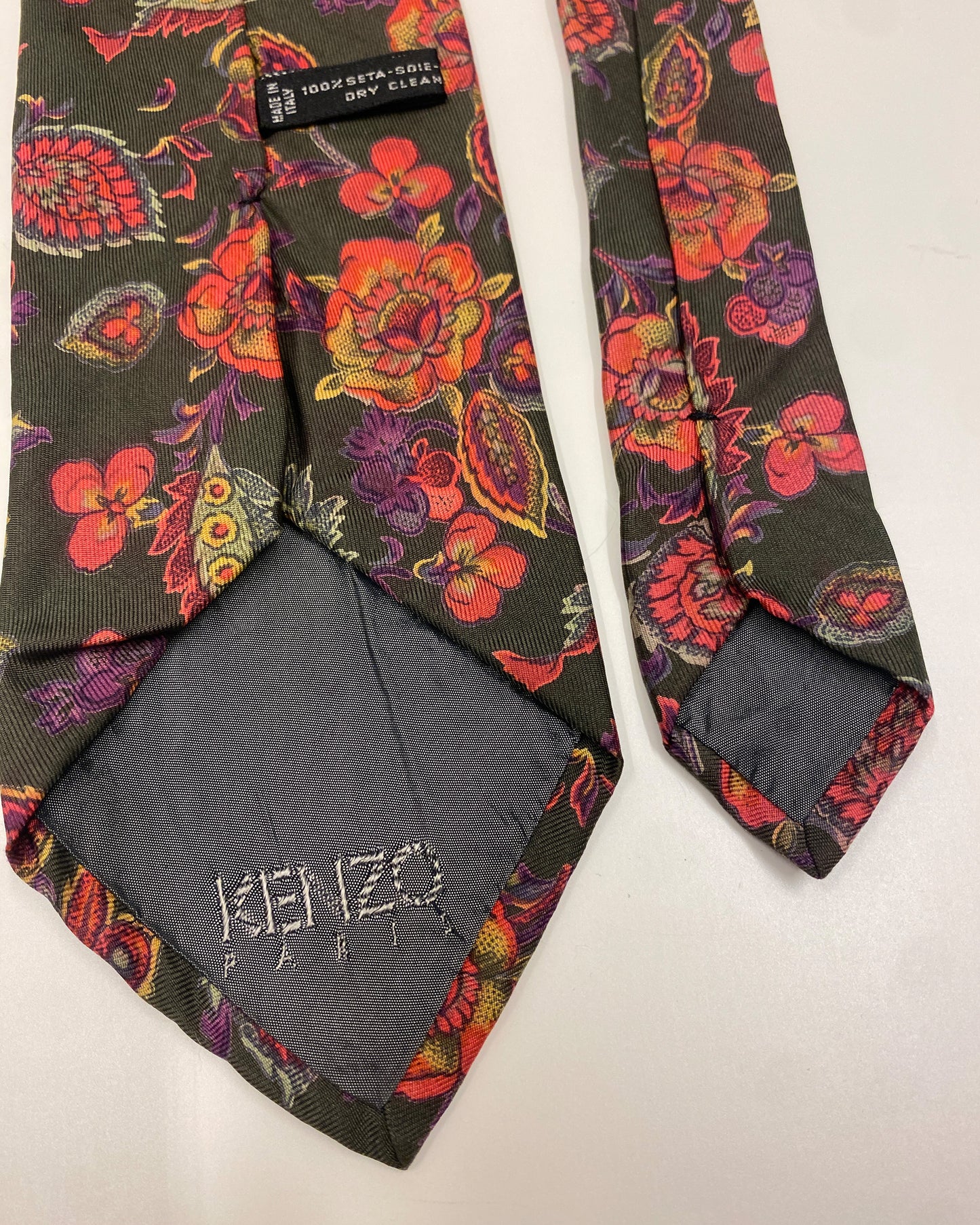 Kenzo 1990s Flower Tie Khaki Green
