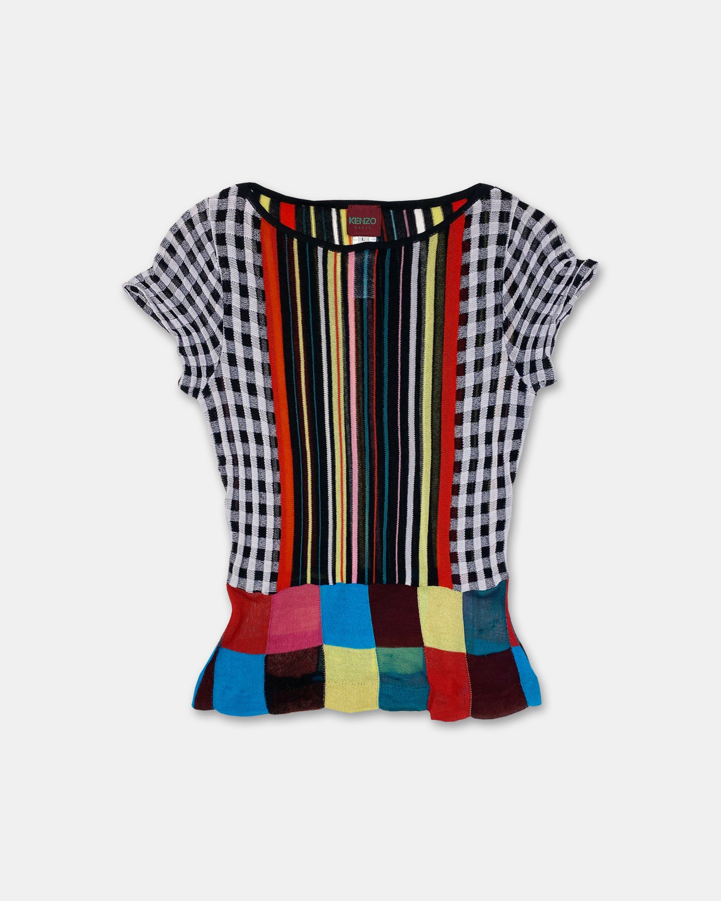 Kenzo 1990s Striped Checkered Mesh Top Multicolor