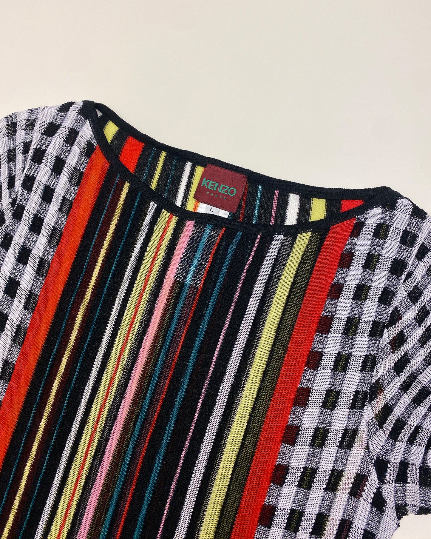 Kenzo 1990s Striped Checkered Mesh Top Multicolor