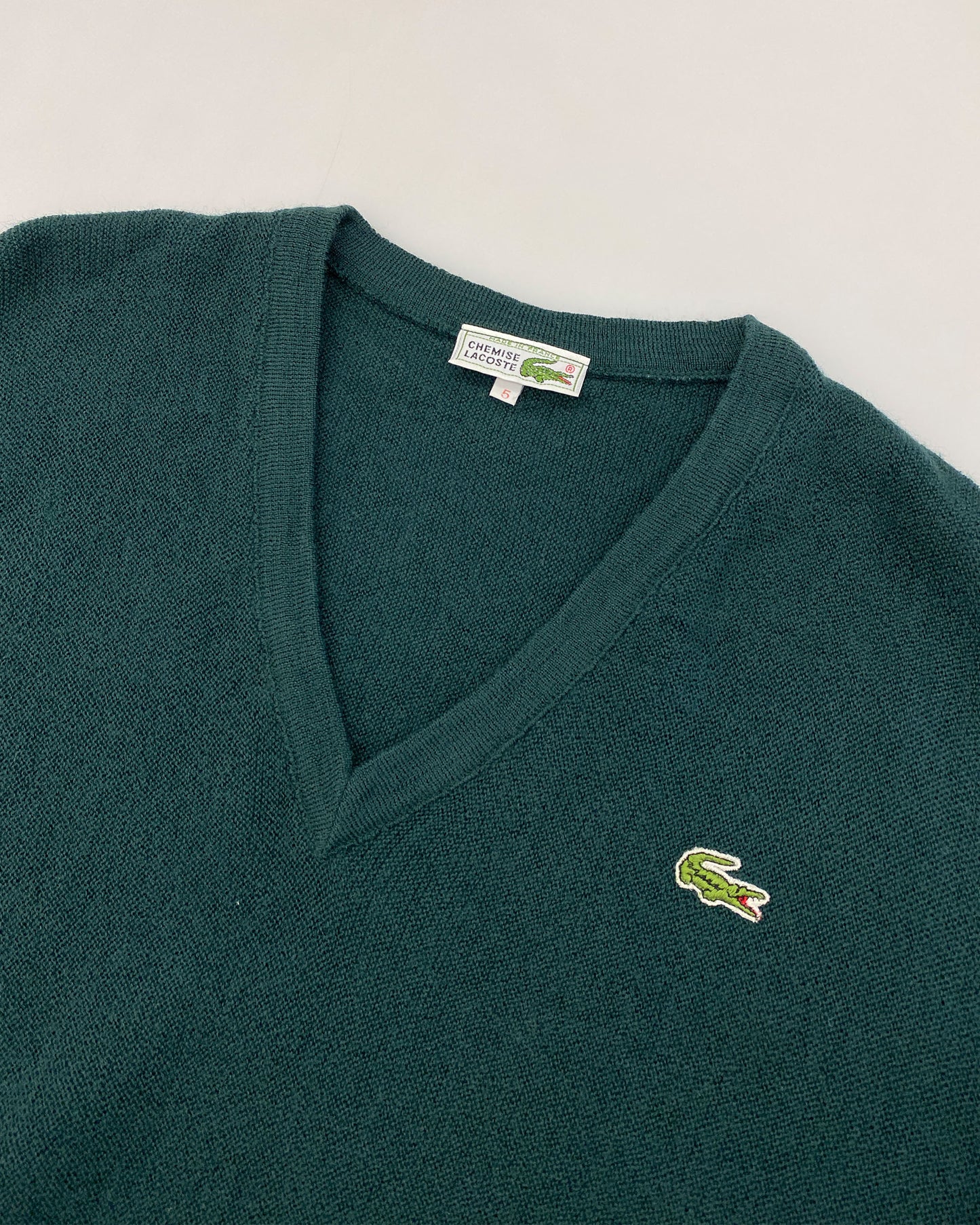 Lacoste 1980s V-Neck Wool Knit Sweater Dark Green
