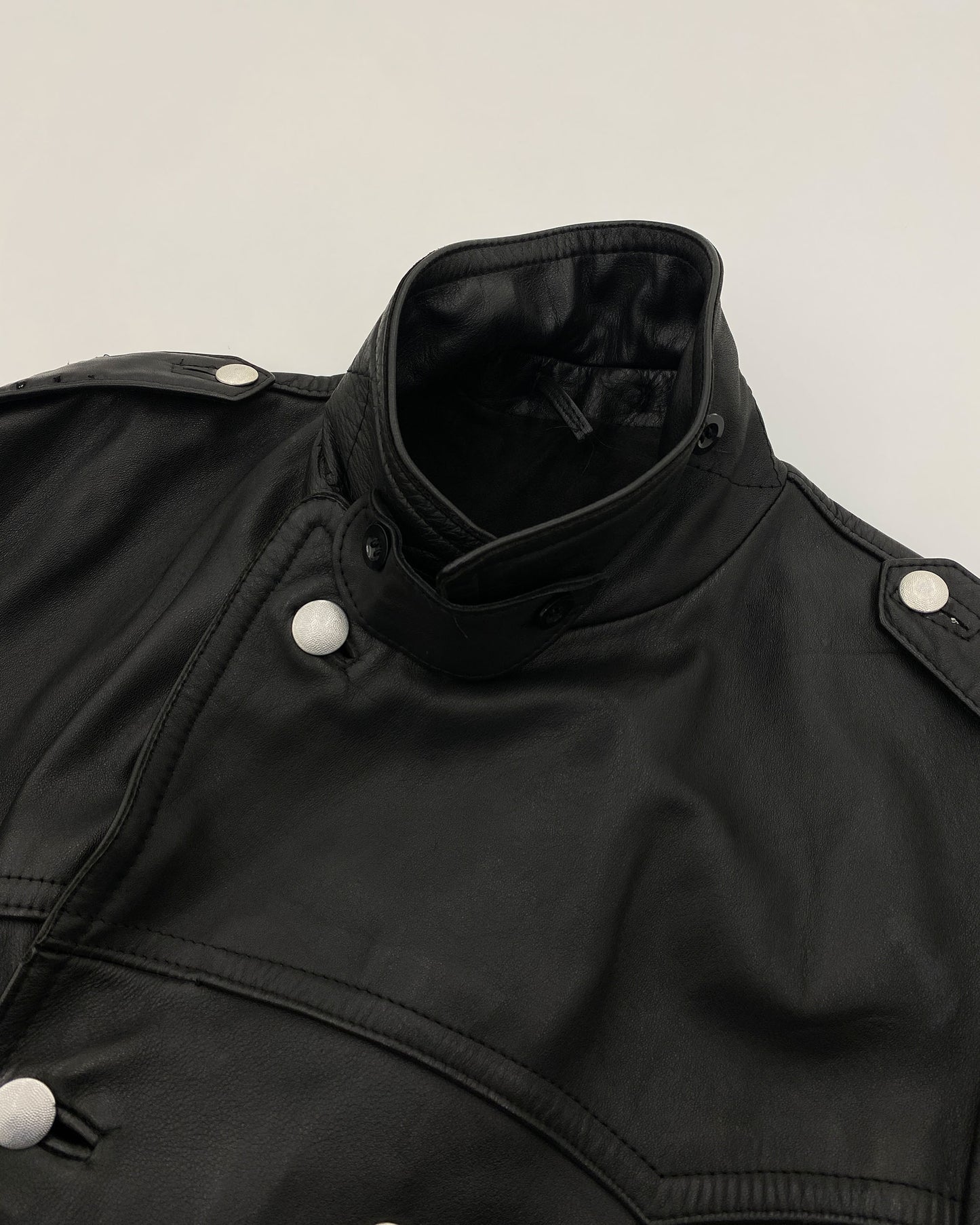 Vintage 1970er Zweireihige Lange Lederjacke Schwarz 