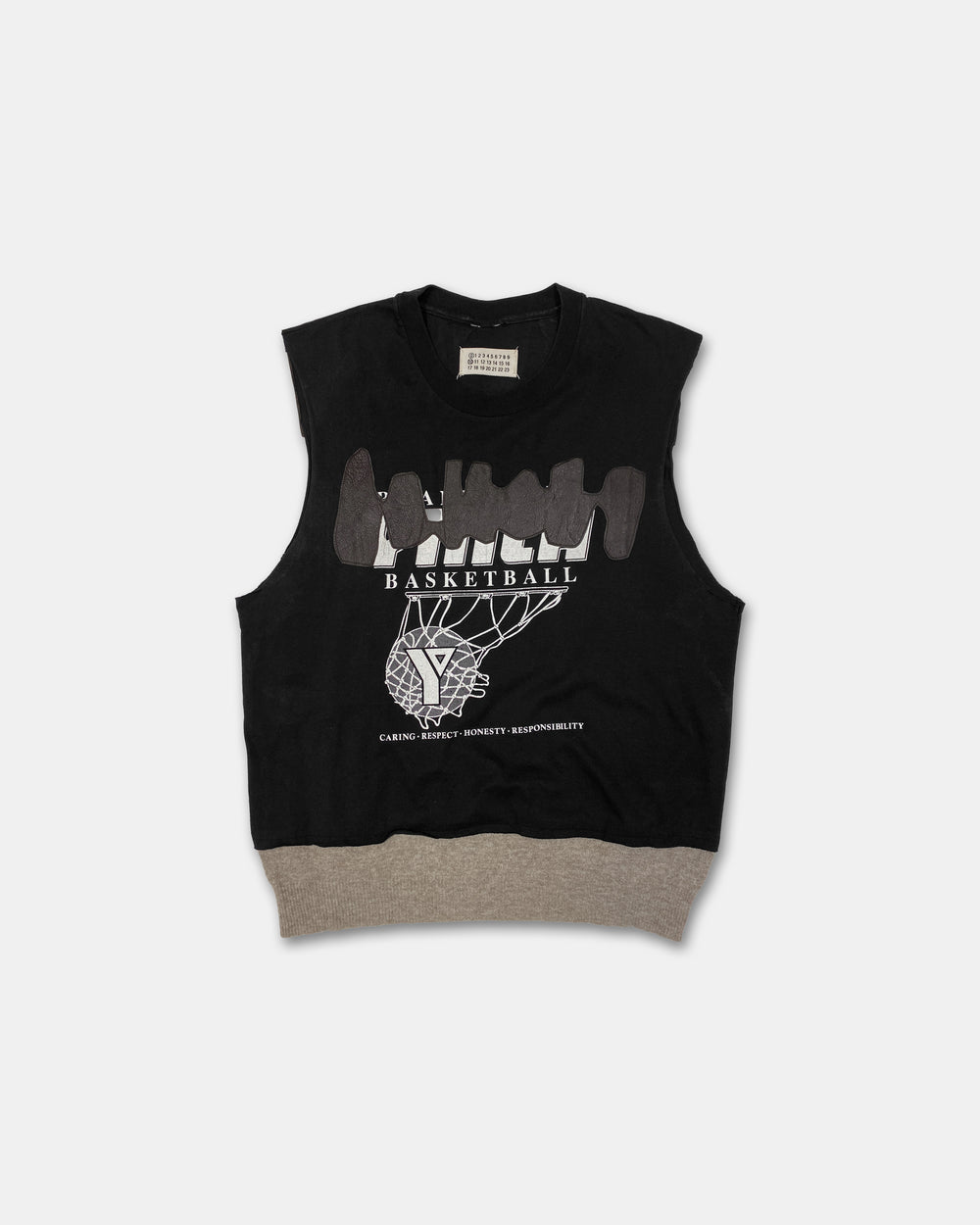 Maison Martin Margiela Line 0 10 Artisanal AW2003 Cut Off Basketball Print Leather Patchwork Tanktop T-Shirt Black