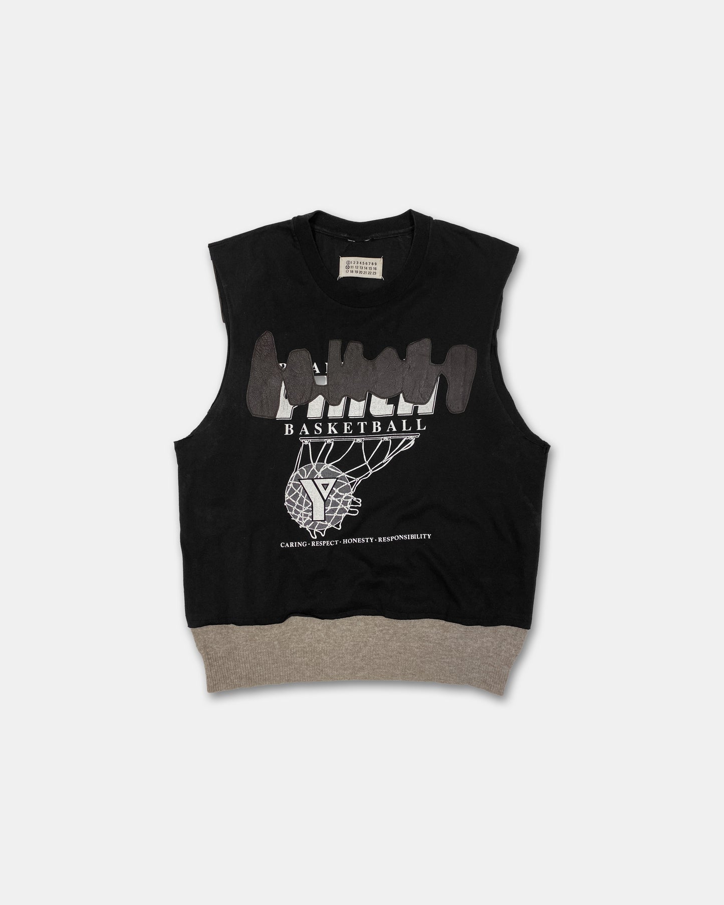 Maison Martin Margiela Line 0 10 Artisanal AW2003 Cut Off Basketball Print Leather Patchwork Tanktop T-Shirt Black