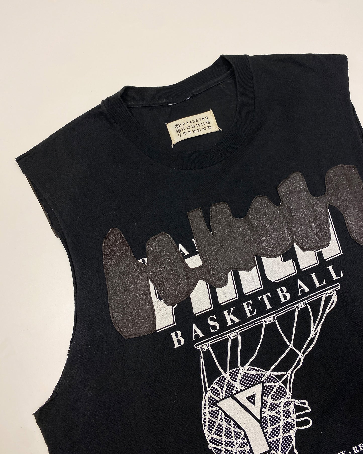 Maison Martin Margiela Line 0 10 Artisanal AW2003 Cut Off Basketball Print Leather Patchwork Tanktop T-Shirt Black
