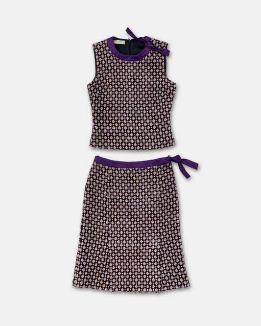 Miu Miu SS2000 Wool Checkered Top and Skirt Set Purple