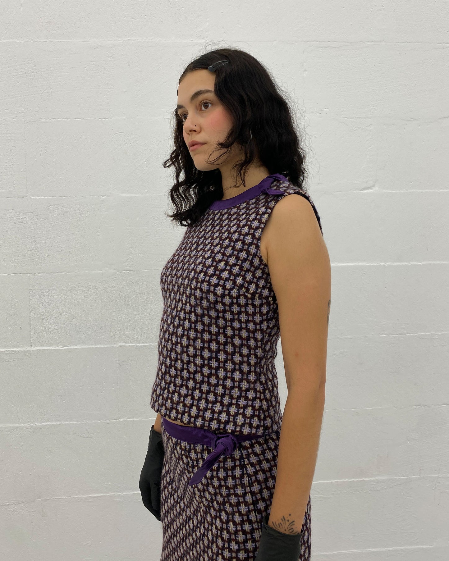 Miu Miu SS2000 Wool Checkered Top and Skirt Set Purple