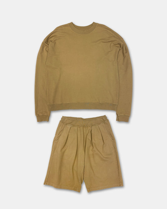 Monitaly 2020s Oversized French Terry Crewneck and Shorts Set Beige