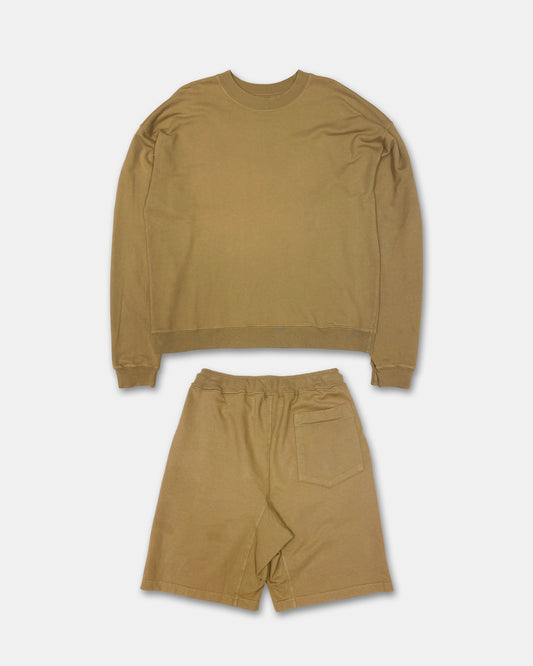 Monitaly 2020s Oversized French Terry Crewneck and Shorts Set Beige