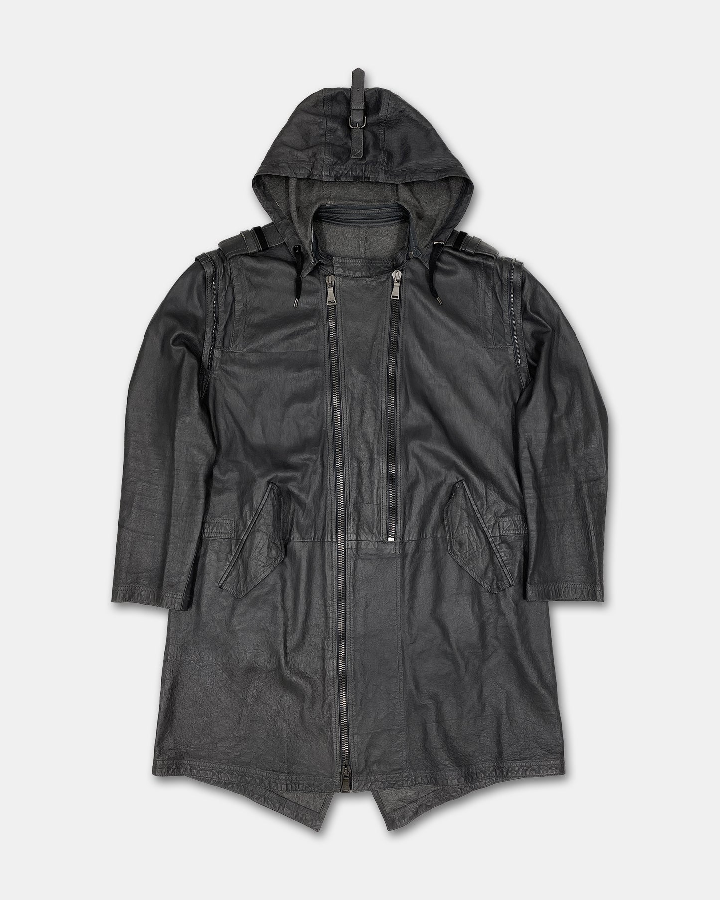 Neil Barrett SS2011 2in1 Hooded Double Zip Thin Leather Coat Grey