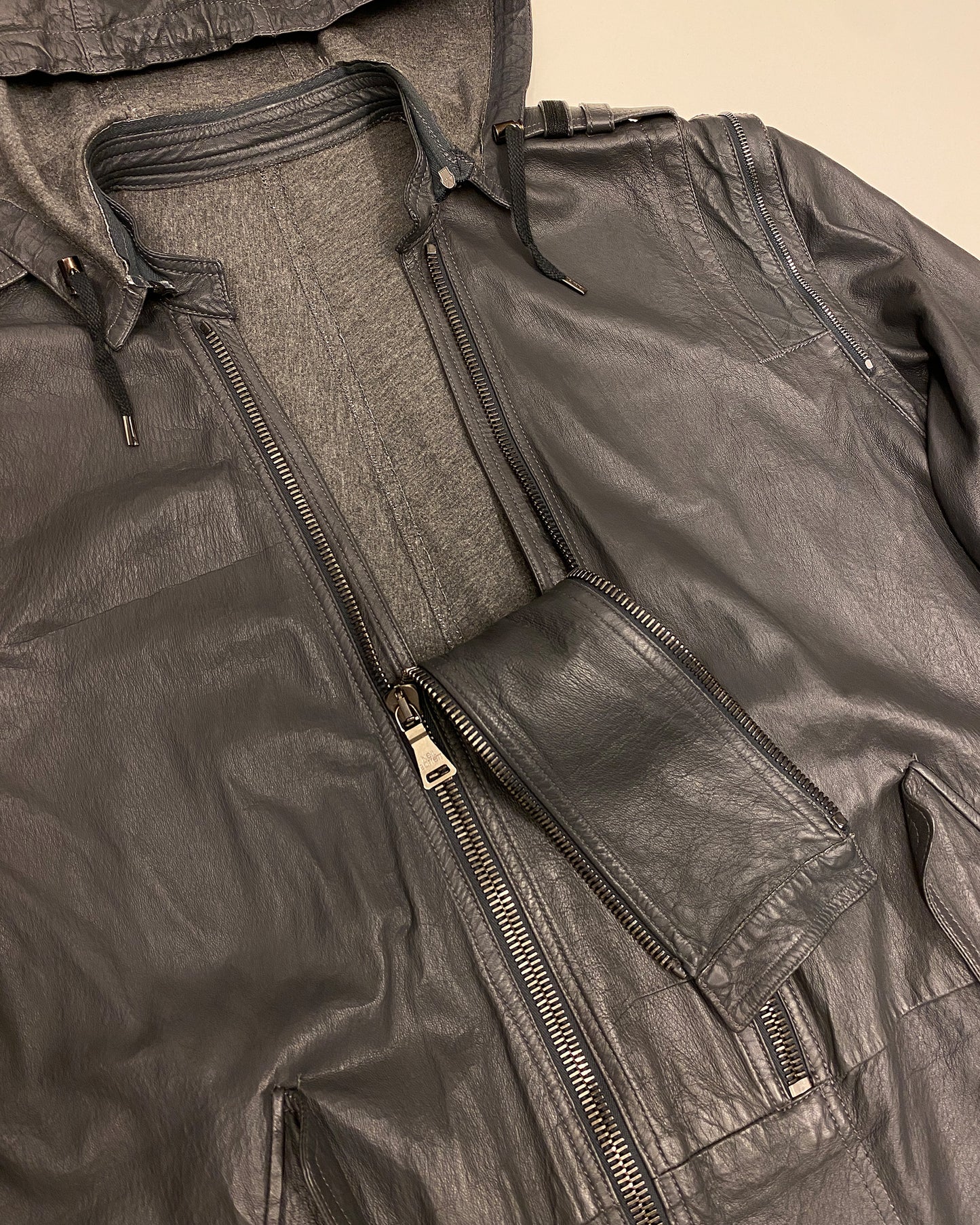 Neil Barrett SS2011 2in1 Hooded Double Zip Thin Leather Coat Grey