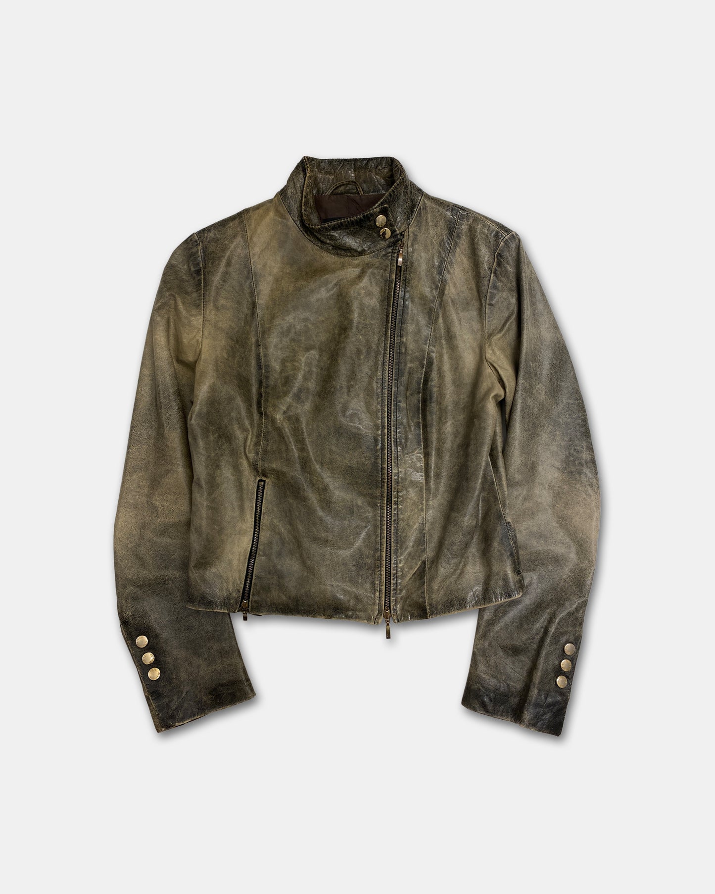 Patrizia Pepe 2000s Asymmetrical Zip Leather Jacket Dirty Brown Black