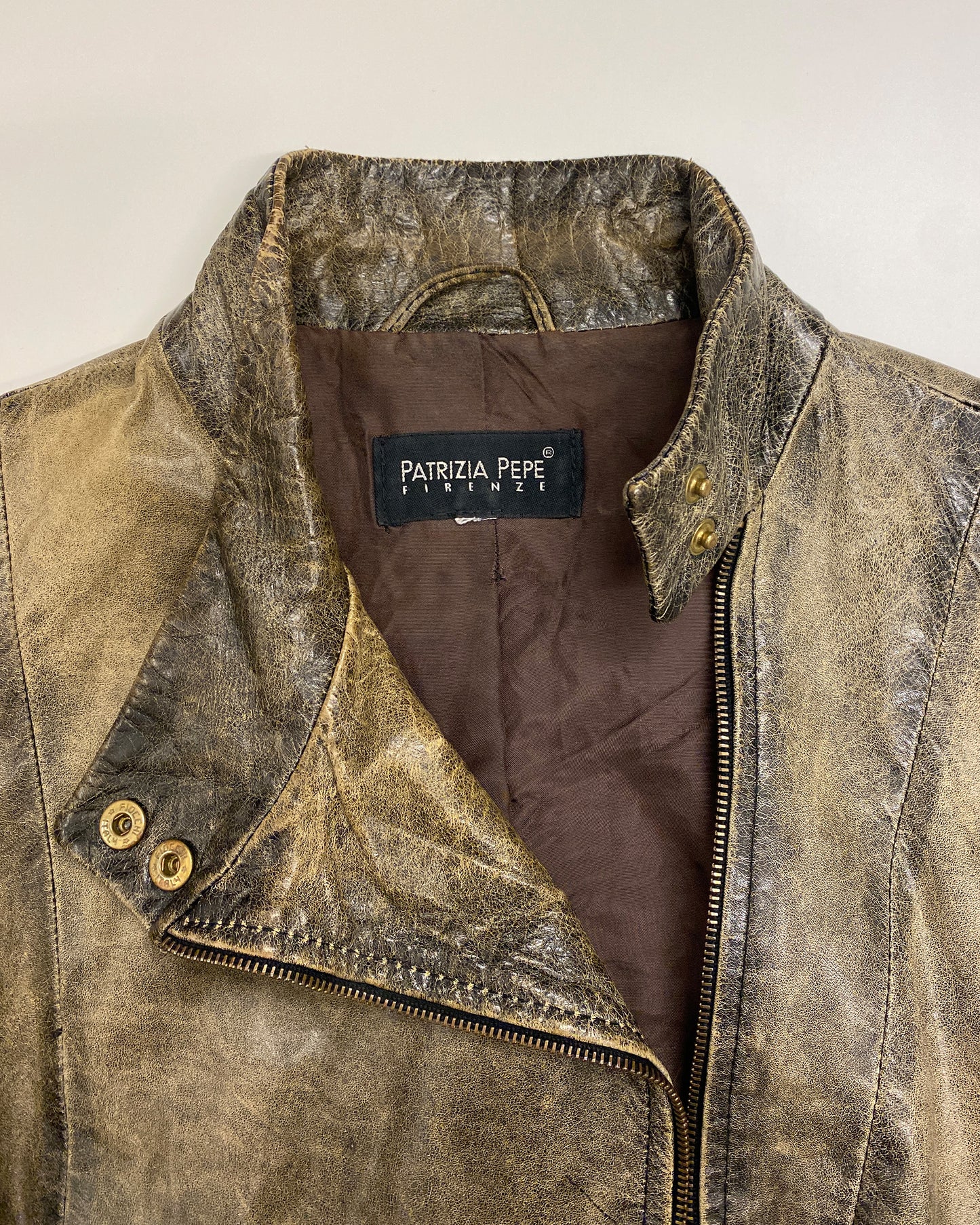 Patrizia Pepe 2000s Asymmetrical Zip Leather Jacket Dirty Brown Black