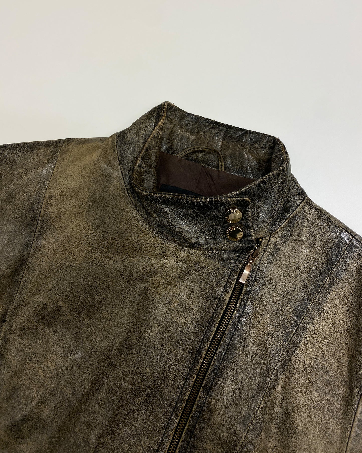 Patrizia Pepe 2000s Asymmetrical Zip Leather Jacket Dirty Brown Black