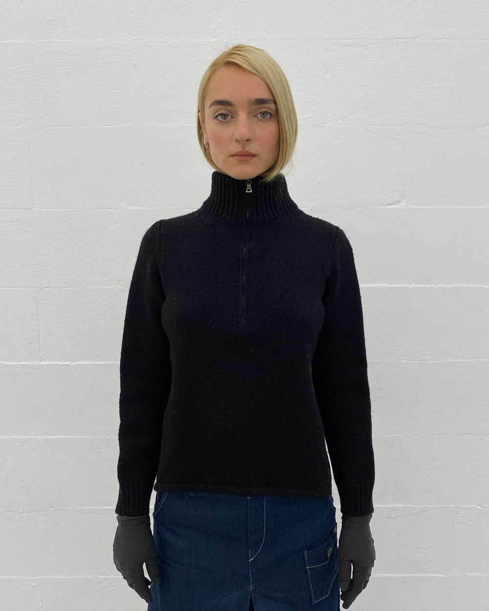 Prada 2000s Half Zip Nylon Knit Wool Sweater Black