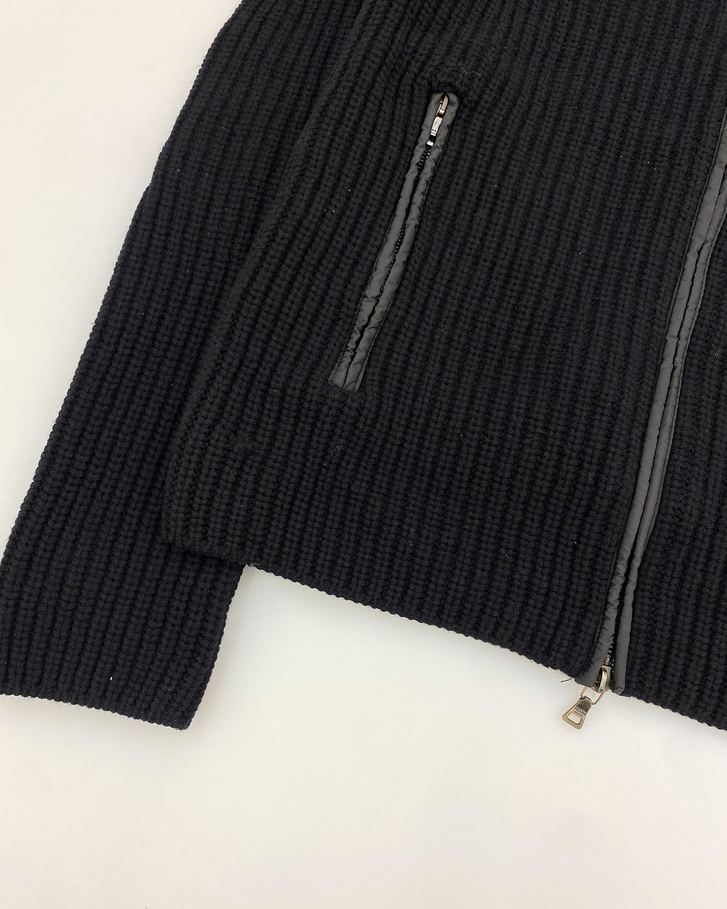 Prada 2010s Elbow Patch Zip Knit Sweater Black