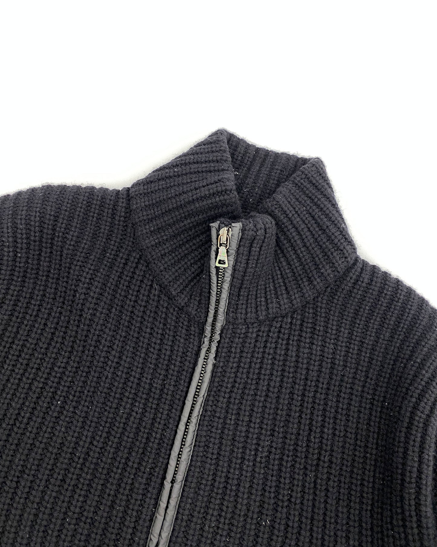 Prada 2010s Elbow Patch Zip Knit Sweater Black