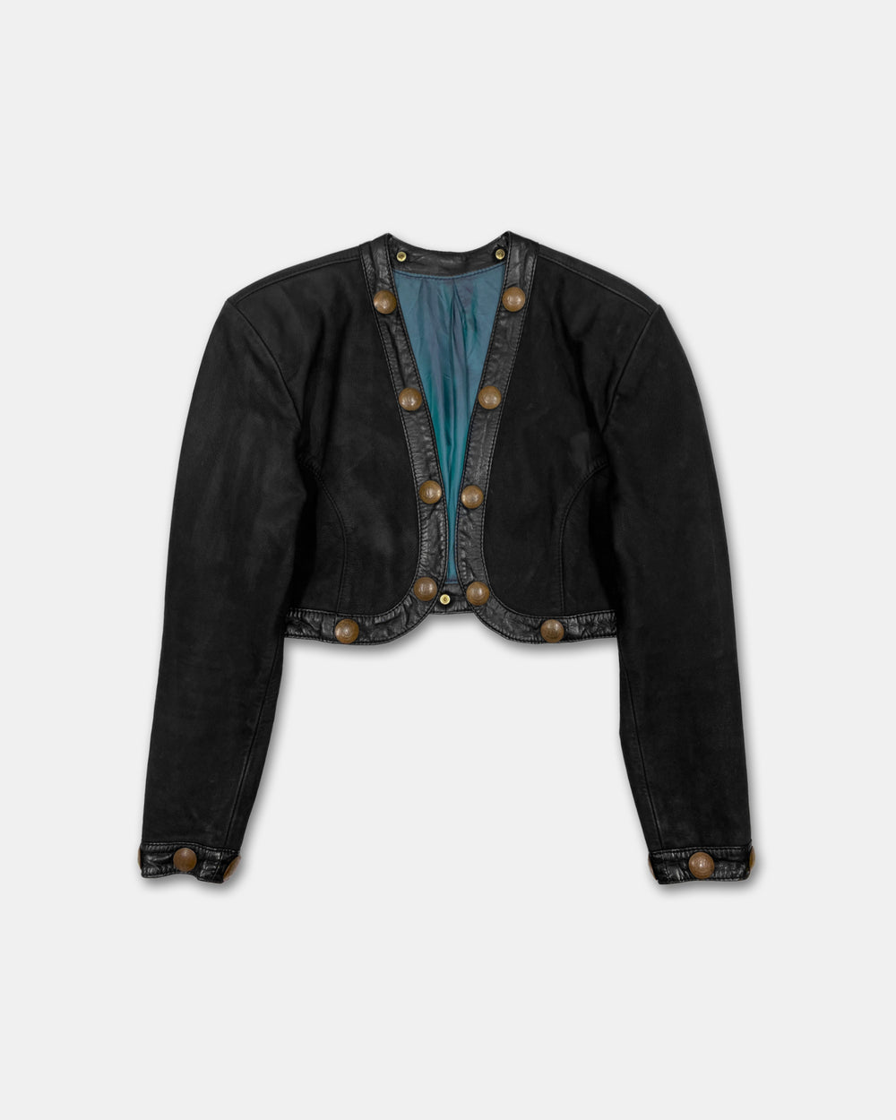 Pyrate-Style 1980s Penny Coins Cropped Leather Jacket Black