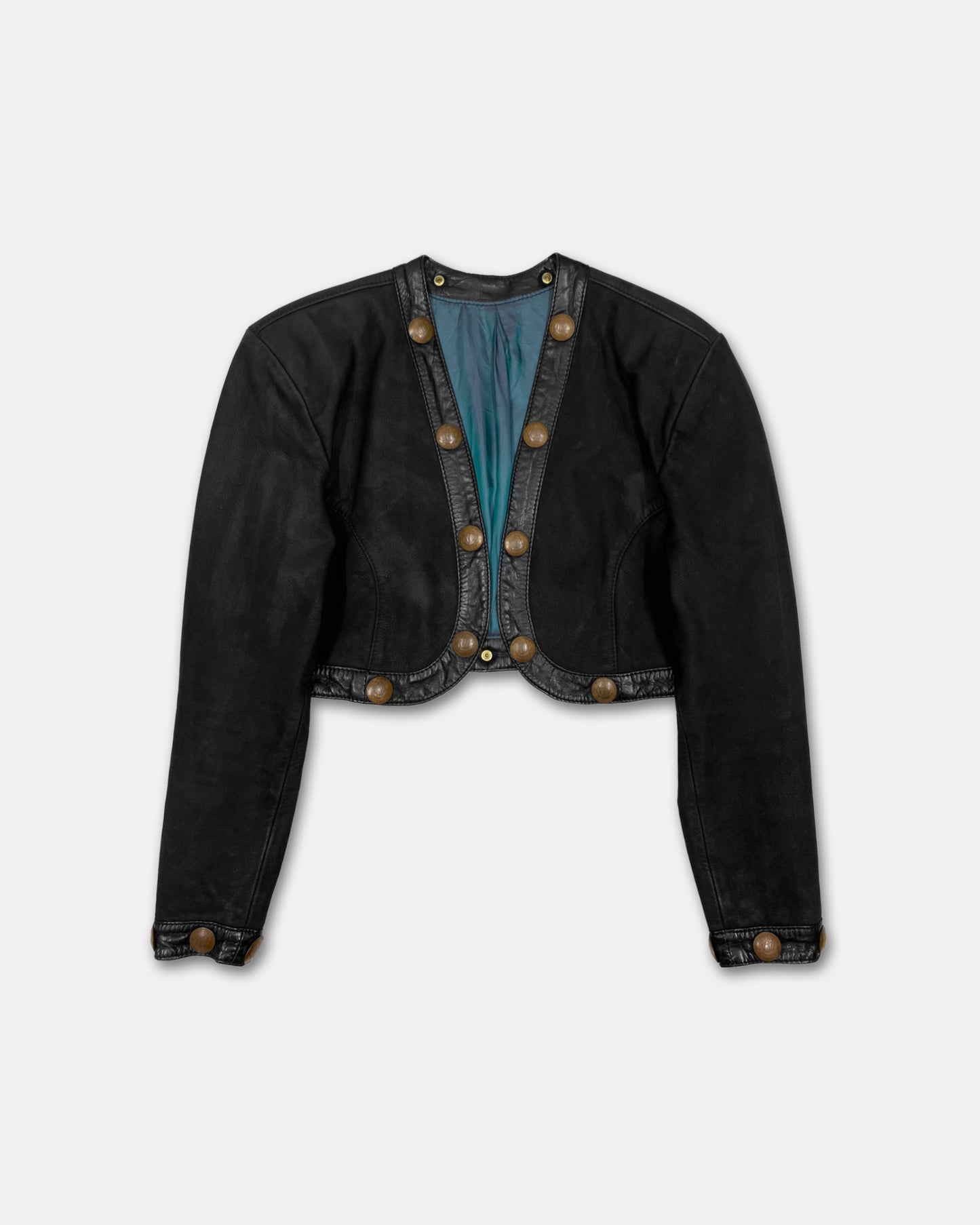 Pyrate-Style 1980s Penny Coins Cropped Leather Jacket Black