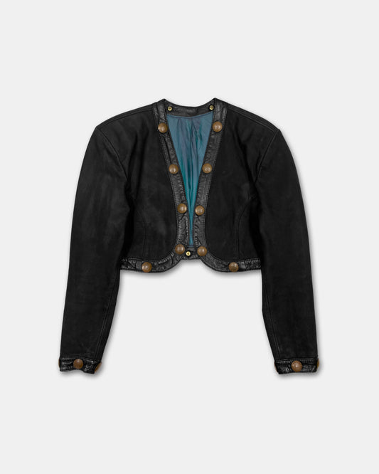 Pyrate-Style 1980s Penny Coins Cropped Leather Jacket Black