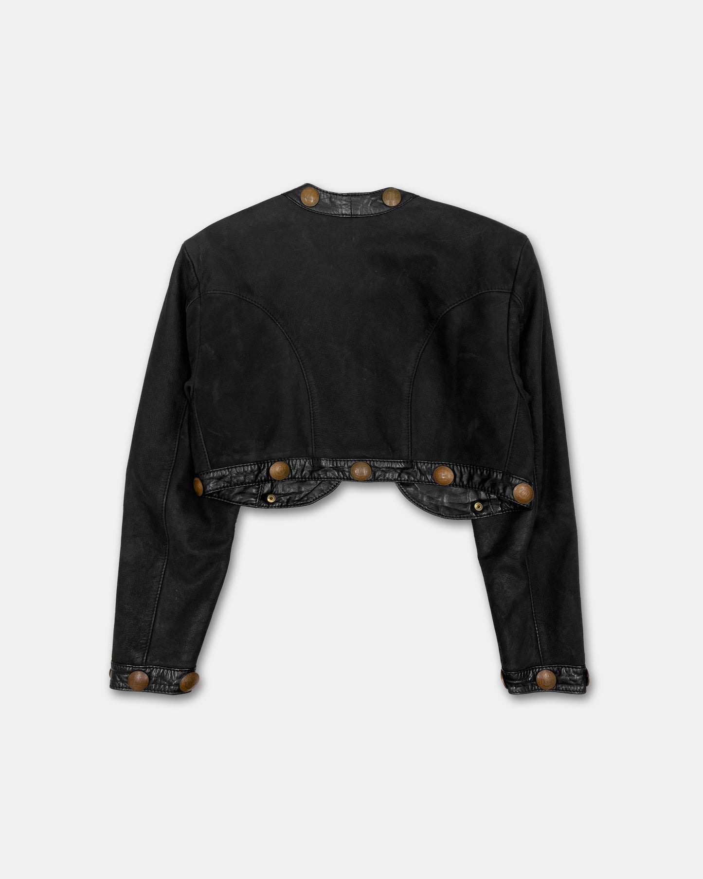 Pyrate-Style 1980s Penny Coins Cropped Leather Jacket Black