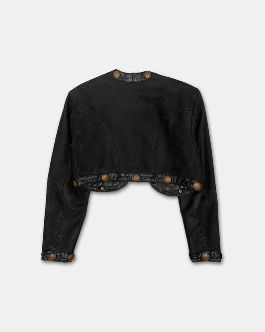 Pyrate-Style 1980s Penny Coins Cropped Leather Jacket Black