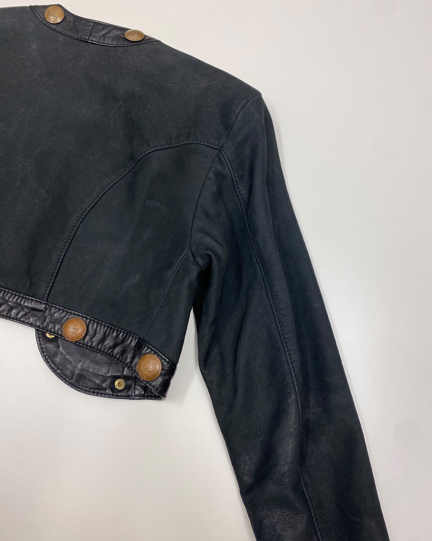 Pyrate-Style 1980s Penny Coins Cropped Leather Jacket Black