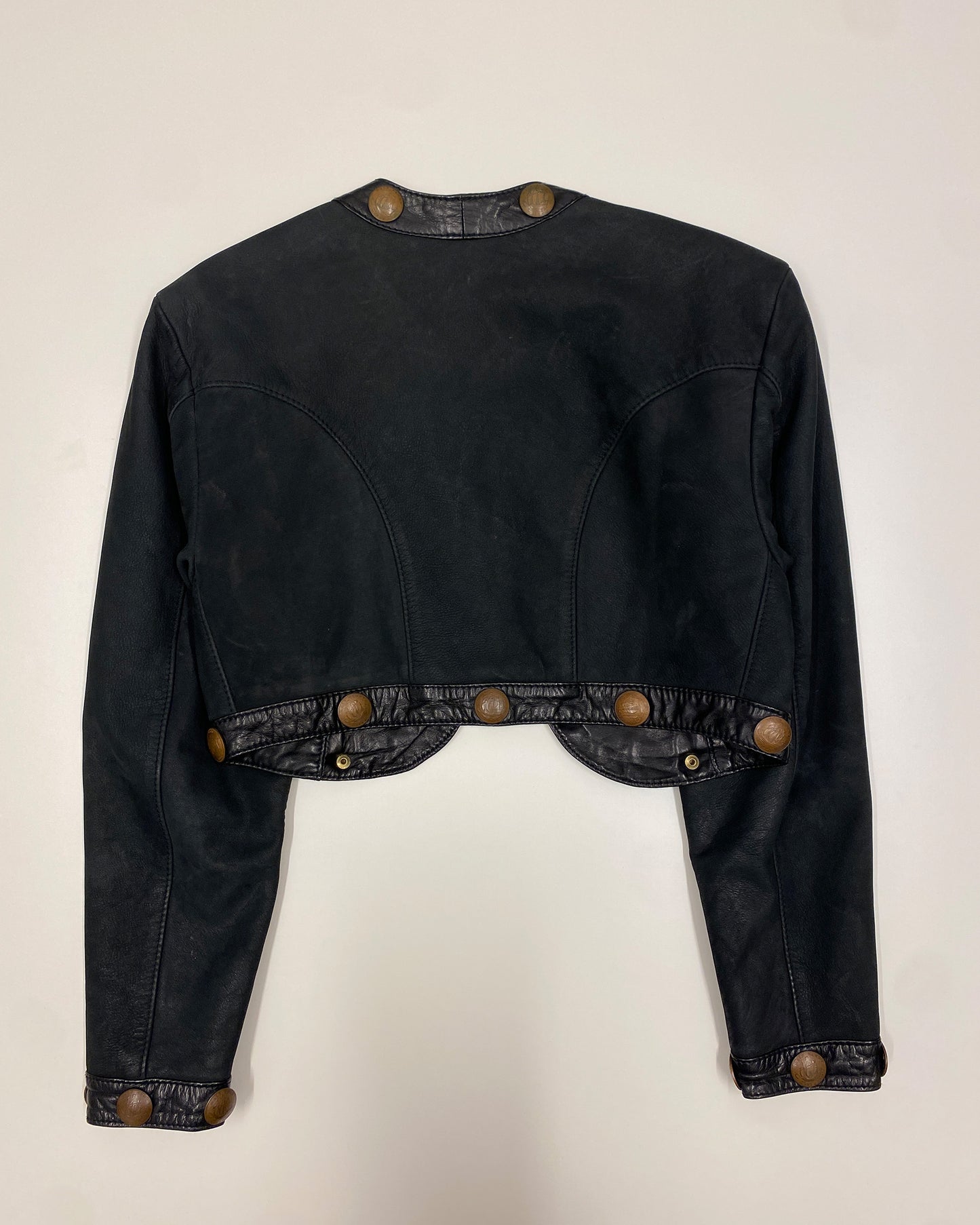 Pyrate-Style 1980s Penny Coins Cropped Leather Jacket Black