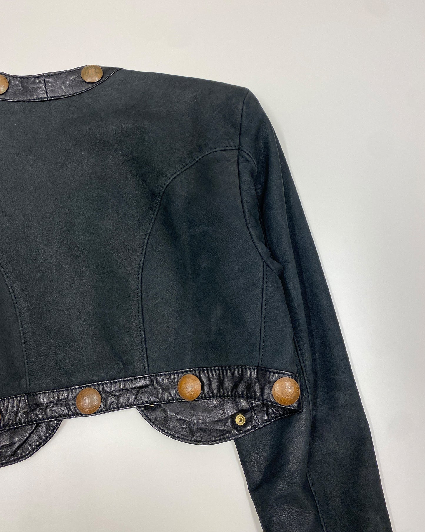 Pyrate-Style 1980s Penny Coins Cropped Leather Jacket Black