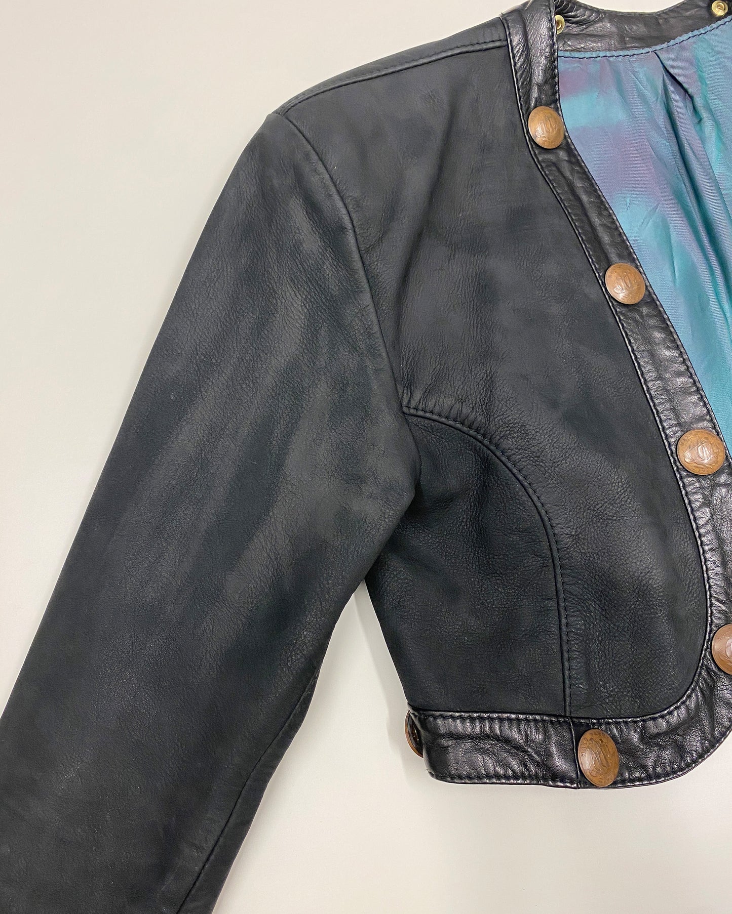 Pyrate-Style 1980s Penny Coins Cropped Leather Jacket Black