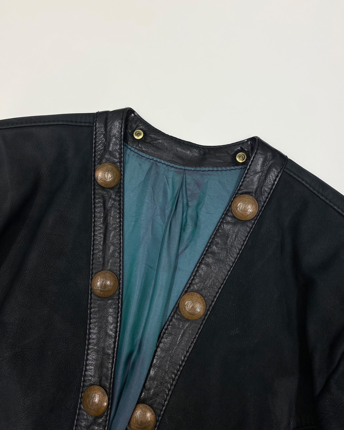 Pyrate-Style 1980s Penny Coins Cropped Leather Jacket Black