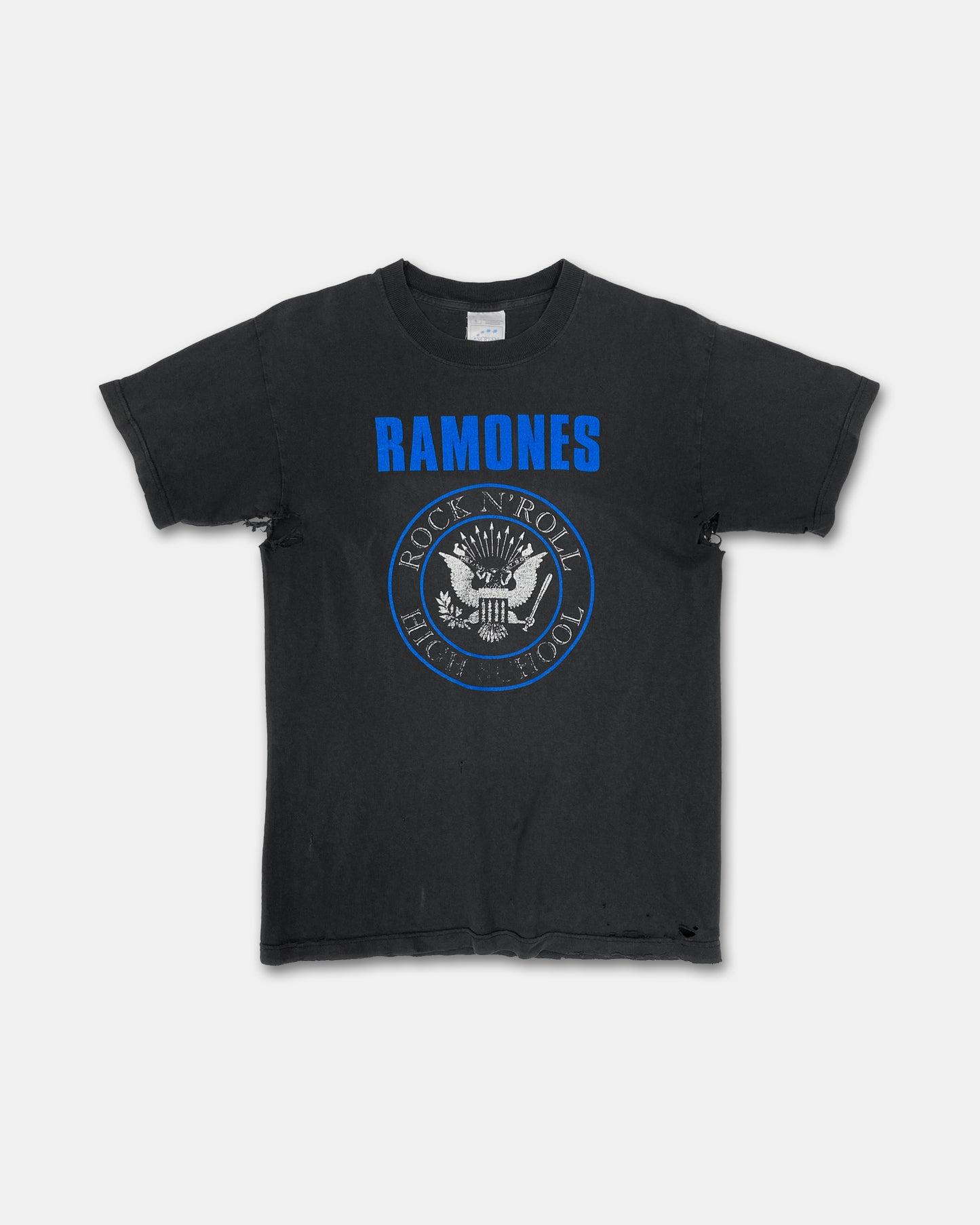Vintage 1990s Trashed Hey Ho Lets Go Ramones Band T-Shirt Black