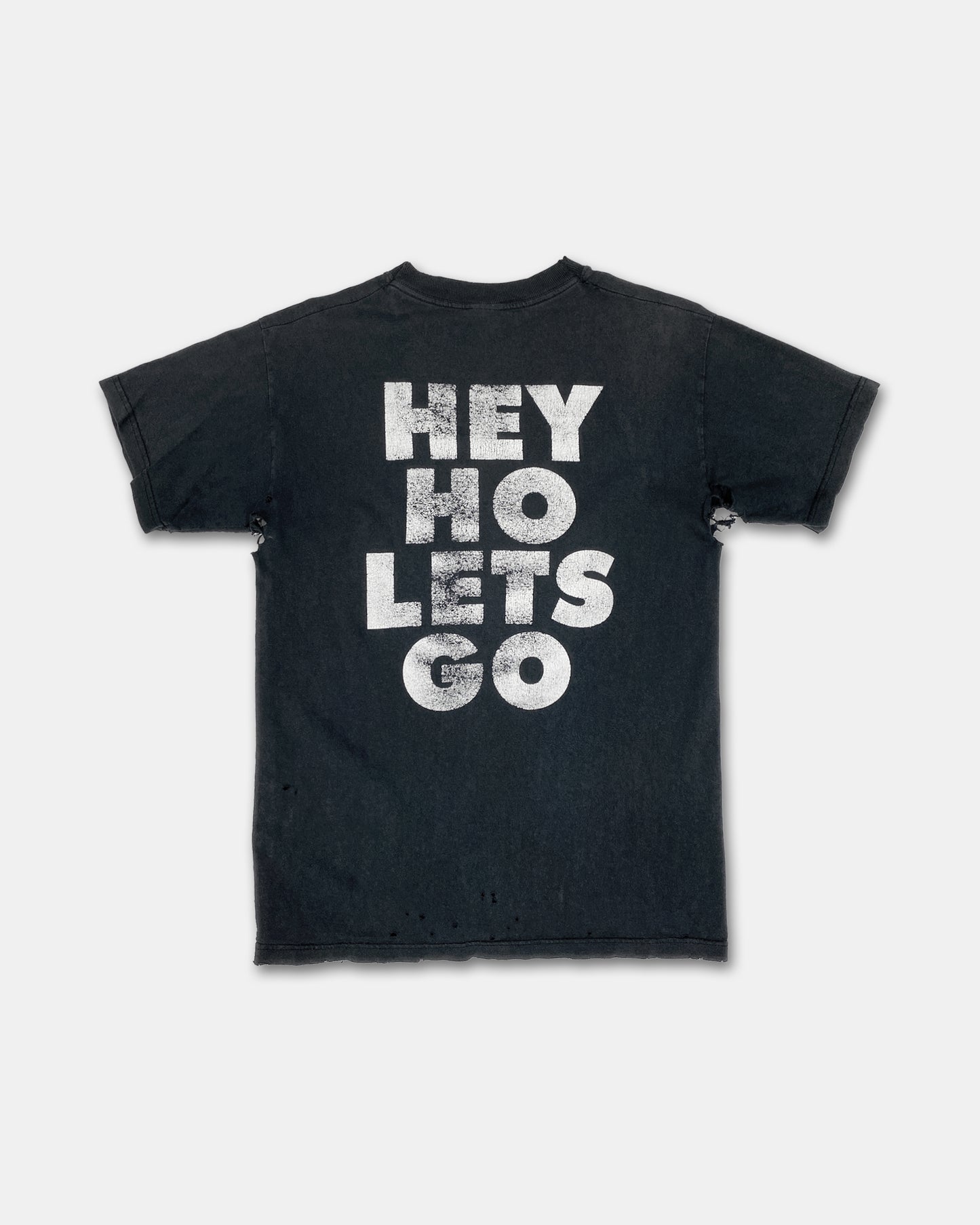 Vintage 1990s Trashed Hey Ho Lets Go Ramones Band T-Shirt Black