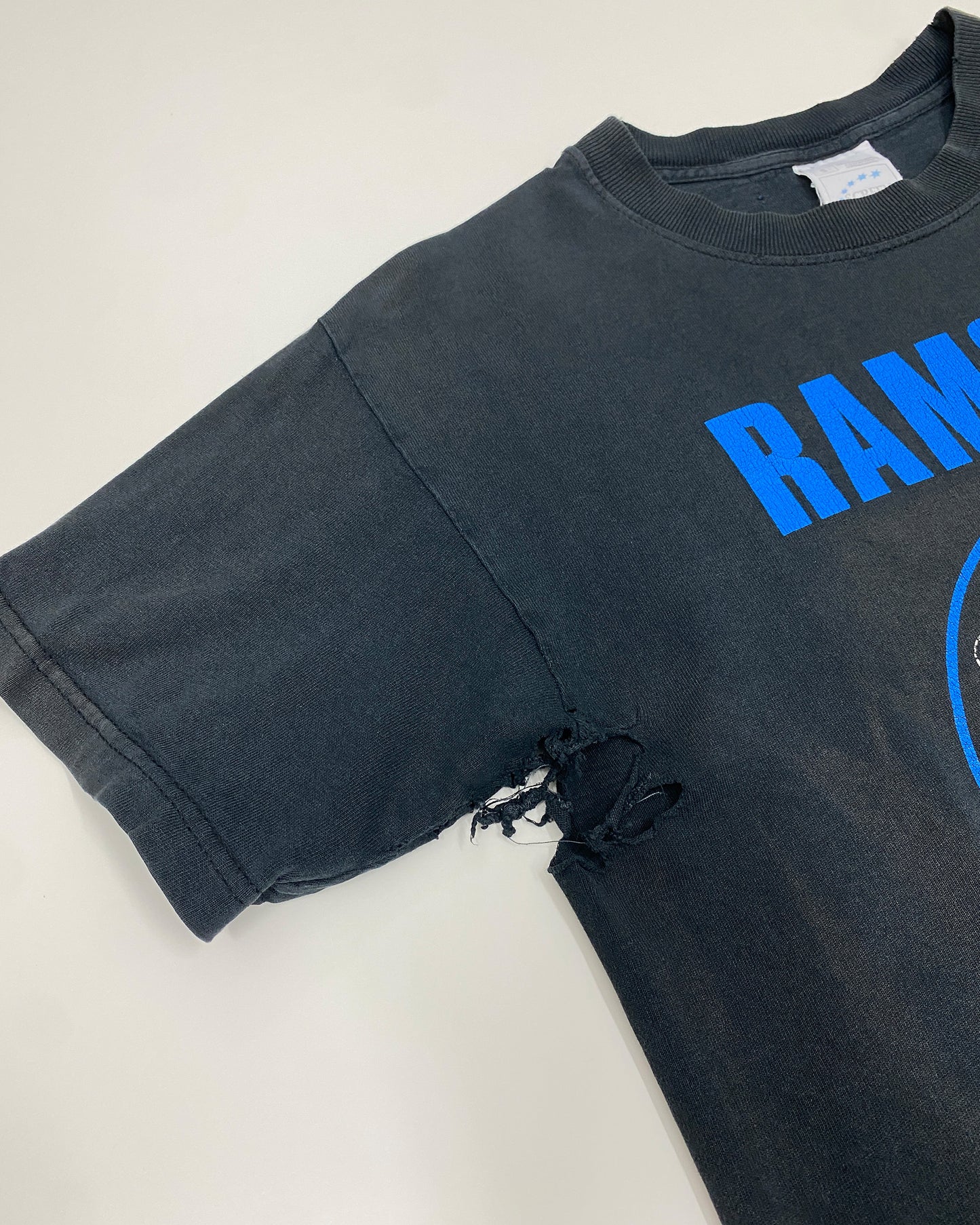Vintage 1990s Trashed Hey Ho Lets Go Ramones Band T-Shirt Black