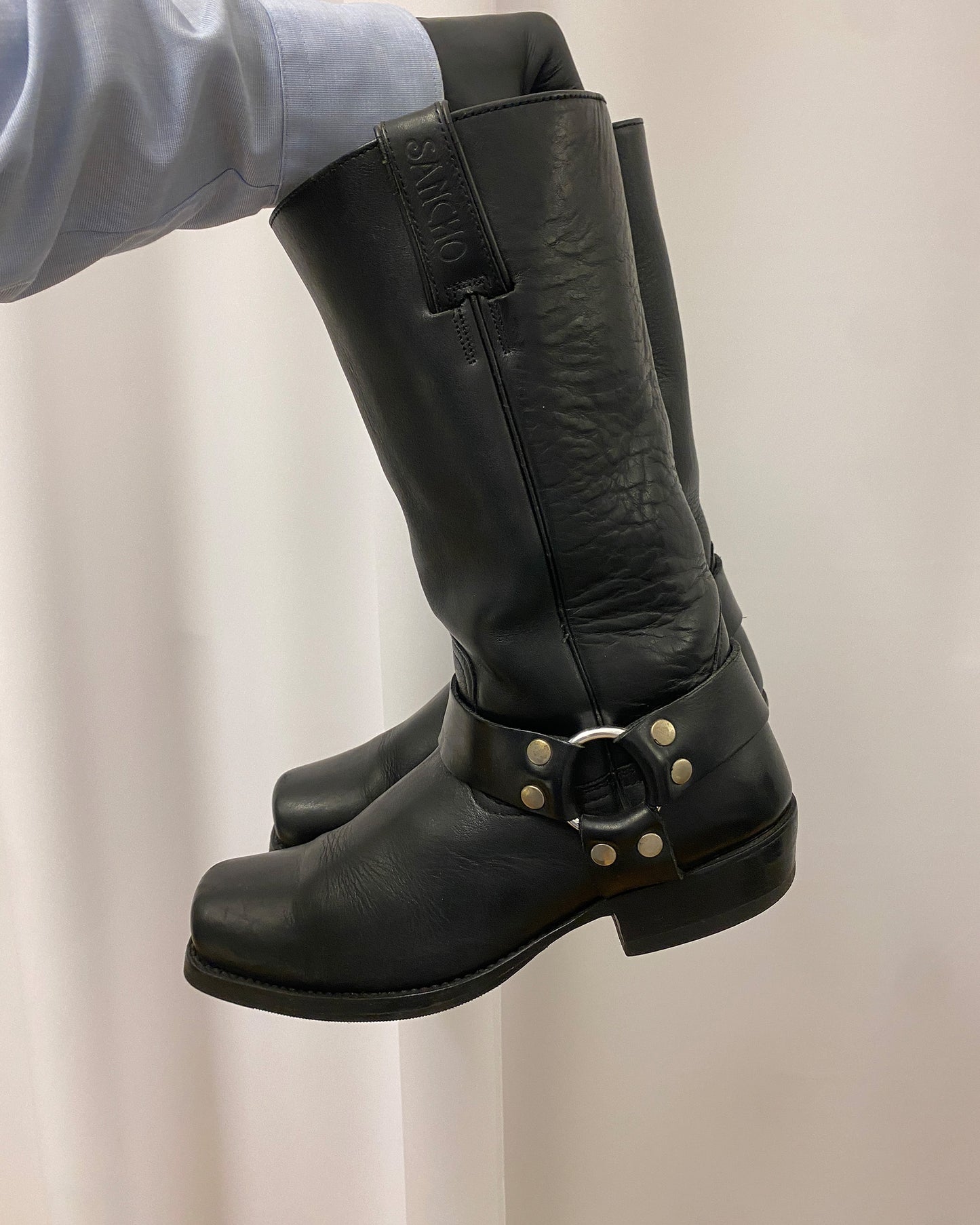 Sancho Boots 2000s Square Toe Leather Biker Boots Black