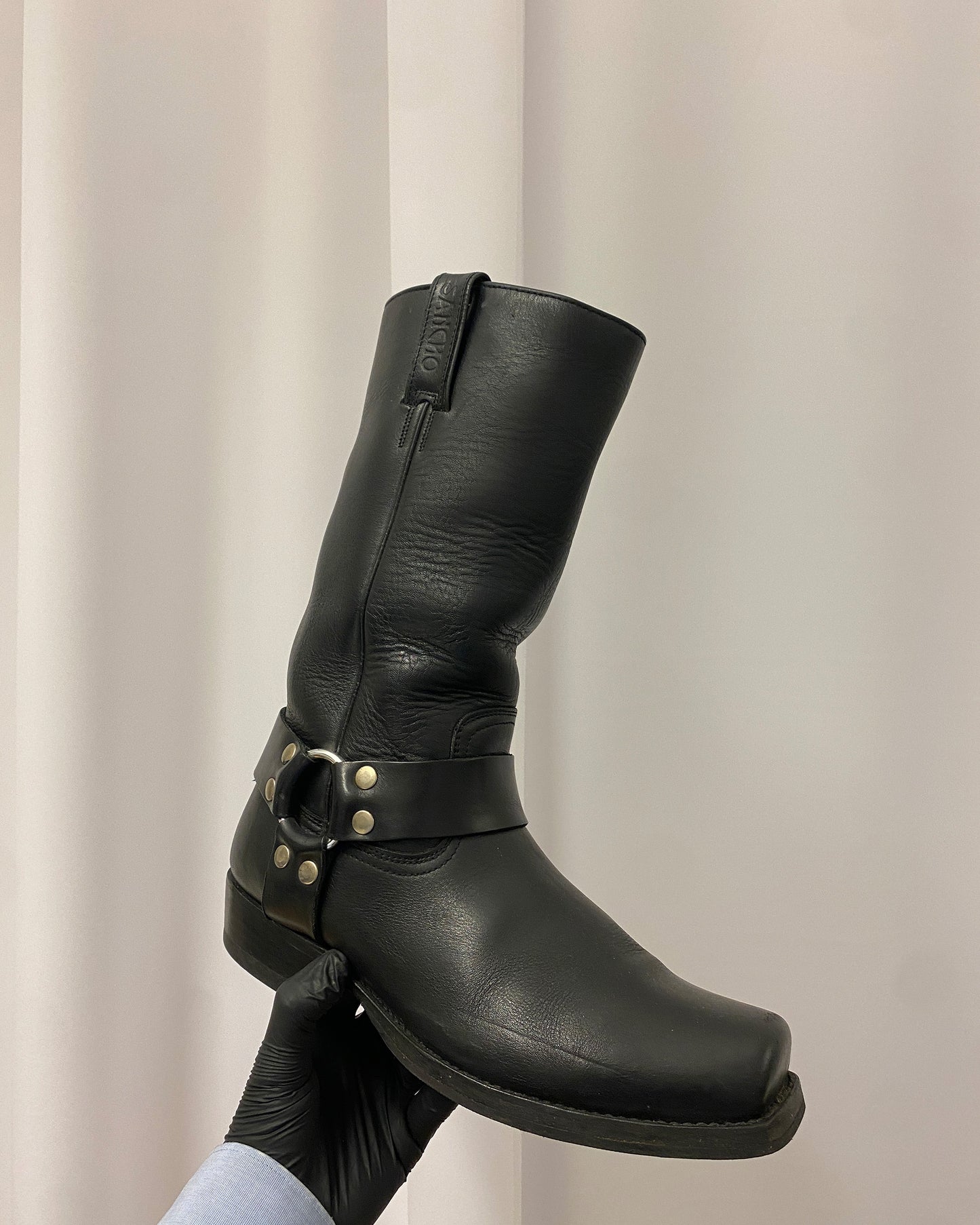 Sancho Boots 2000s Square Toe Leather Biker Boots Black
