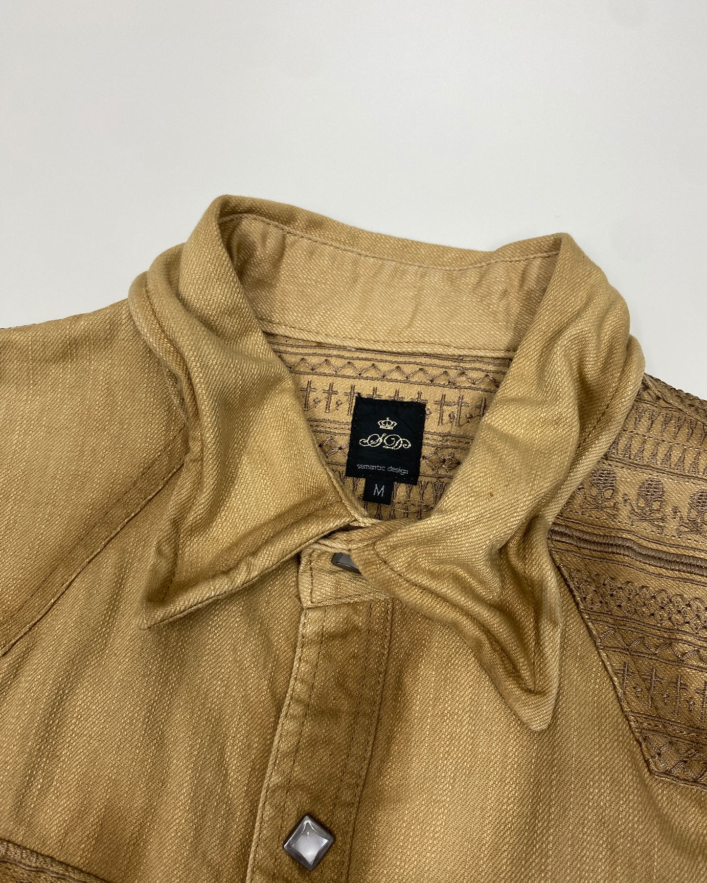 Semantic Design 2000s Embroidered Skull Push Button Shirt Beige